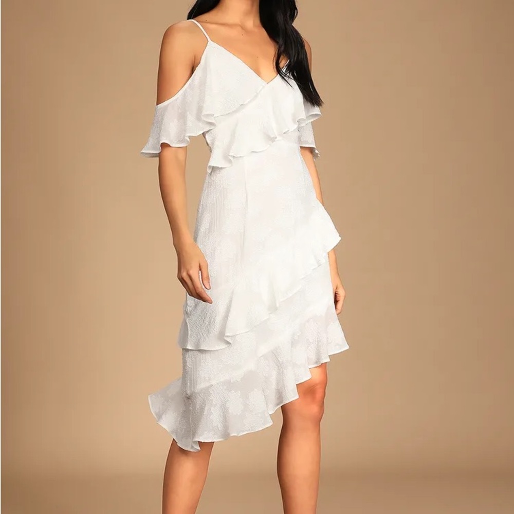 Everything to See White Burnout Floral Jacquard Ruffled Dress